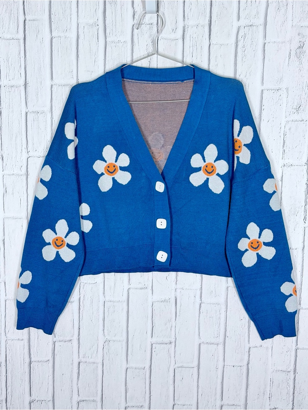🌼 Smiley Daisy Blue Oversized Cardigan Cottagecore Medium